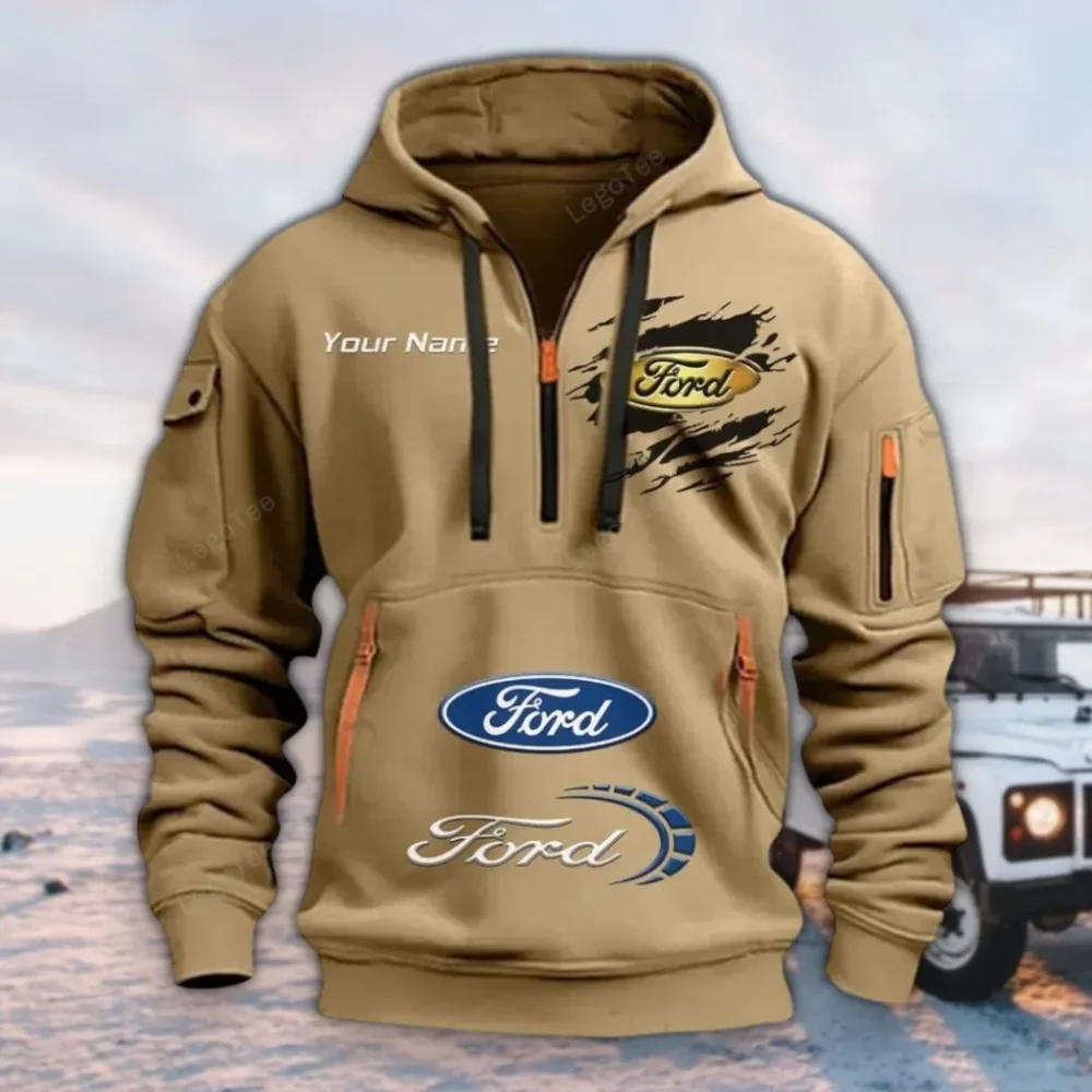Vintage Ride Hoodie Half Zipper, Modern Sport Hoodie CAR113 - Khaki