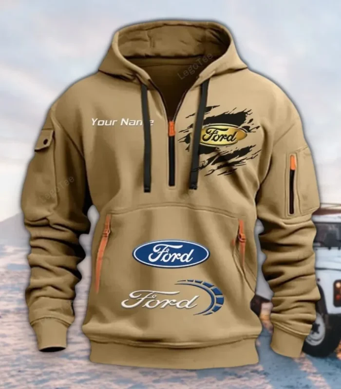 Vintage Ride Hoodie Half Zipper, Modern Sport Hoodie CAR113 - Khaki