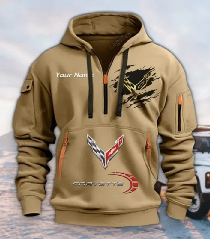 Iconic Sports Car Hoodie Half Zipper, Sporty Fan Half-Zip Hoodie CAR113 - Khaki