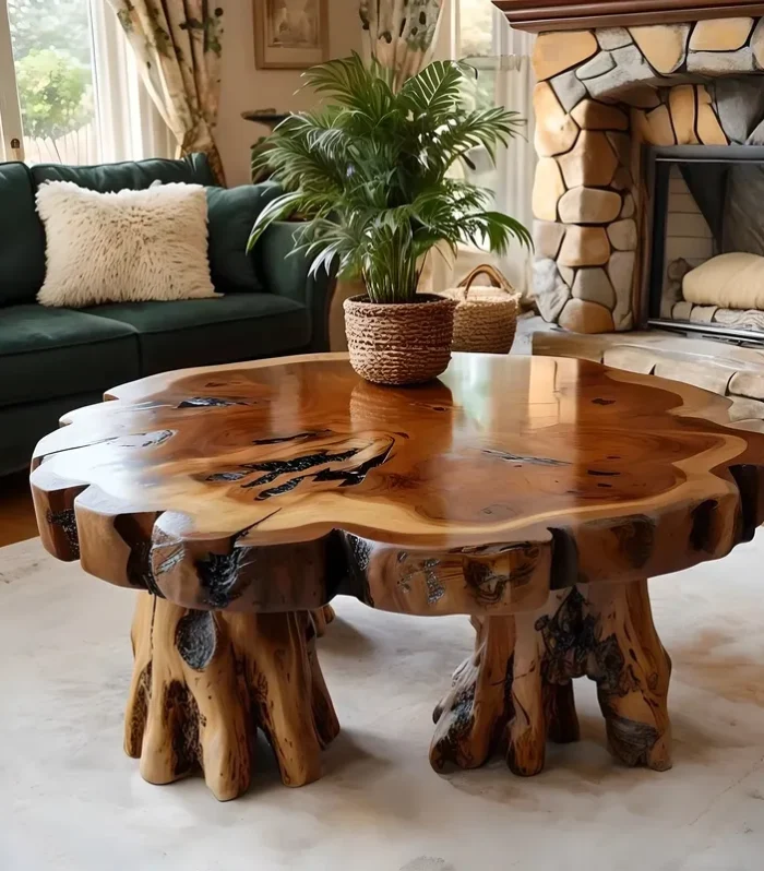 Coffee Table Driftwood Round Solid Wood Handmade Modern