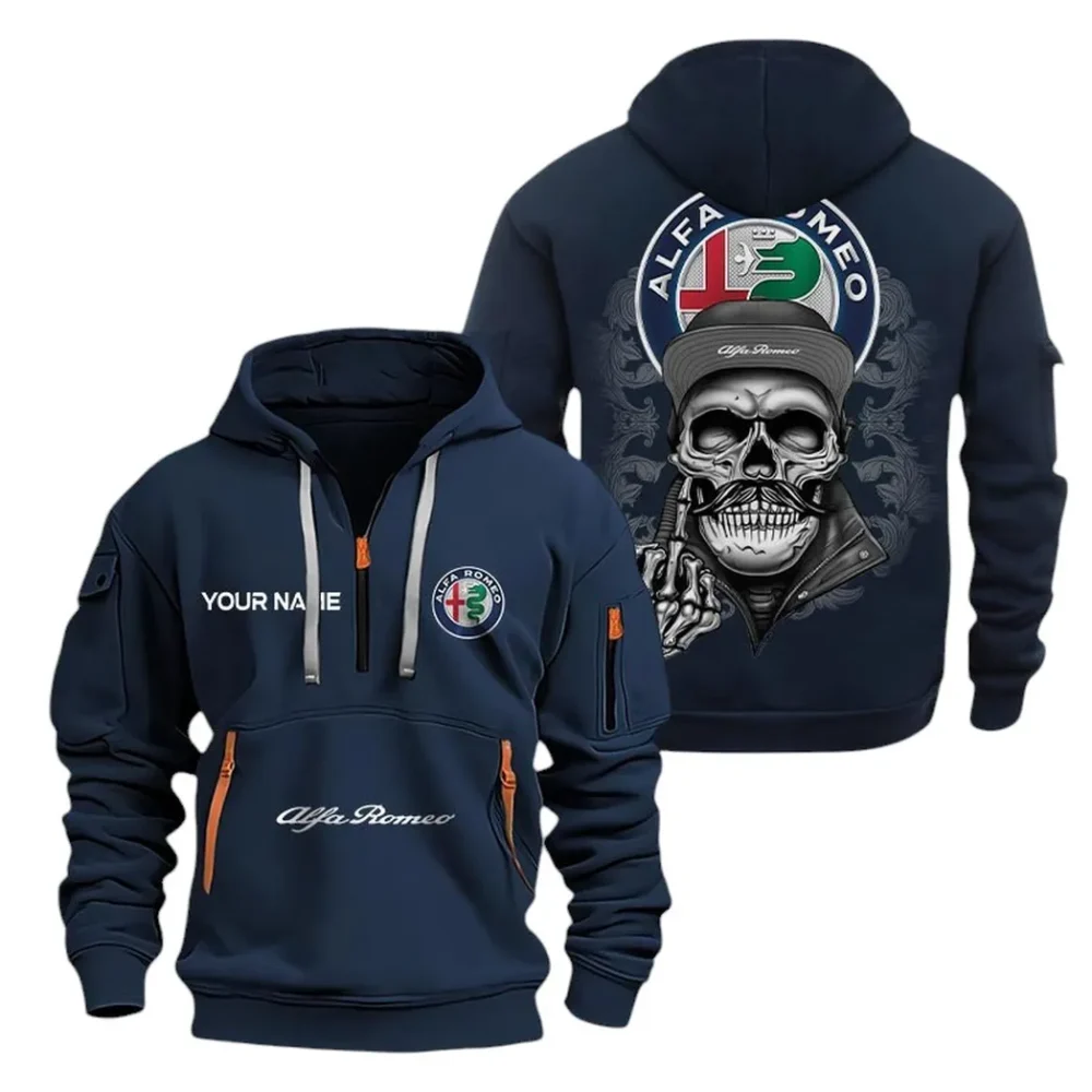 Italian Classic Hoodie Half Zipper, Athletic Fan Half-Zip Hoodie CAR166 - Navy - Image 2